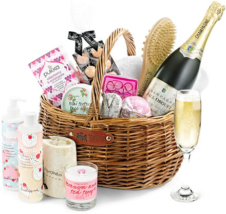 Premium Pampering Selection in Willow Gift Basket with Champagne